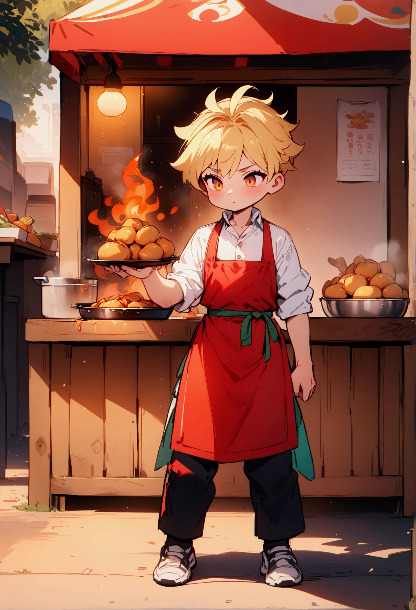 best quality, masterpiece, 8K, HD, young man with blond hair, wearing white shirt and red apron, cooking delicious food, behind a roadside stall, front view, full body, vibrant colors, highly detailed