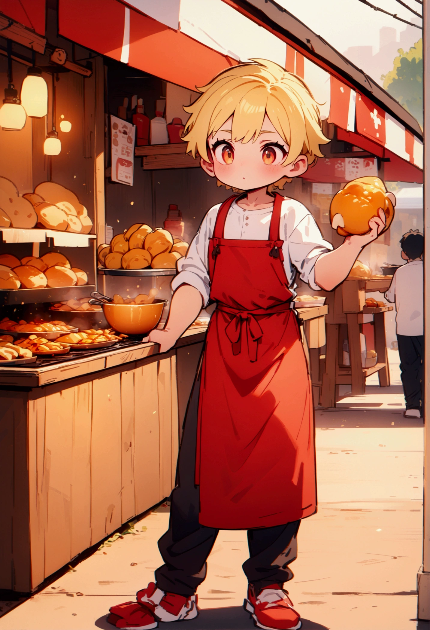 best quality, masterpiece, 8K, HD, young man with blond hair, wearing white shirt and red apron, cooking delicious food, behind a roadside stall, front view, full body, vibrant colors, highly detailed