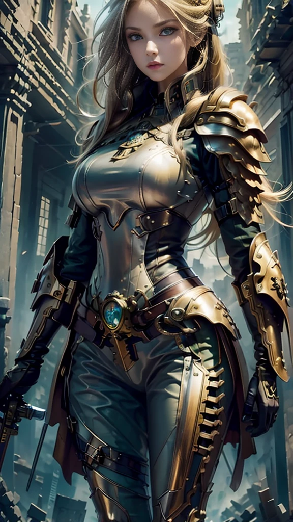 ((best quality)), ((masterpiece)), (detailed), 1 girl, Girl,Long blond hair,Green Eyes,Wearing grey steampunk armor,Holding a long sword,Background is the ruins of the city。