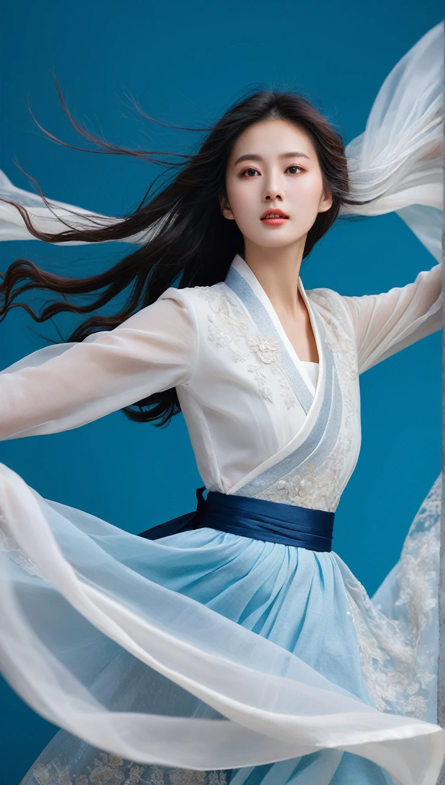 (Motion blur,：1.3），Abnormally stunning beautiful face，black and white close up, white background, a woman in an intricate and colorful hanbok dress, spinning frantically, translucent stinging air particles on the hem of the dress, professional fashion photography, super macro, unusually rich and super detailed texture of long wavy hair, poster style, minimalist , tilt shiStreet style, beautifully detailed, motion blur, black and white close-up, blue background, a woman in an intricate and colorful hanbok, spinning frantically, translucent tingling air particles on the hem of her dress, professional fashion photography, super macro, long wavy hair with unusually rich and super-detailed textures, poster style, minimalist, tilted movement of hands and face, Nikon, Hasselblad, Canon, Fuji, 16Kft of hands and face, Nikon, Hasselblad, Canon, Fuji, 16Kin style of Street photography, beautiful detailed
