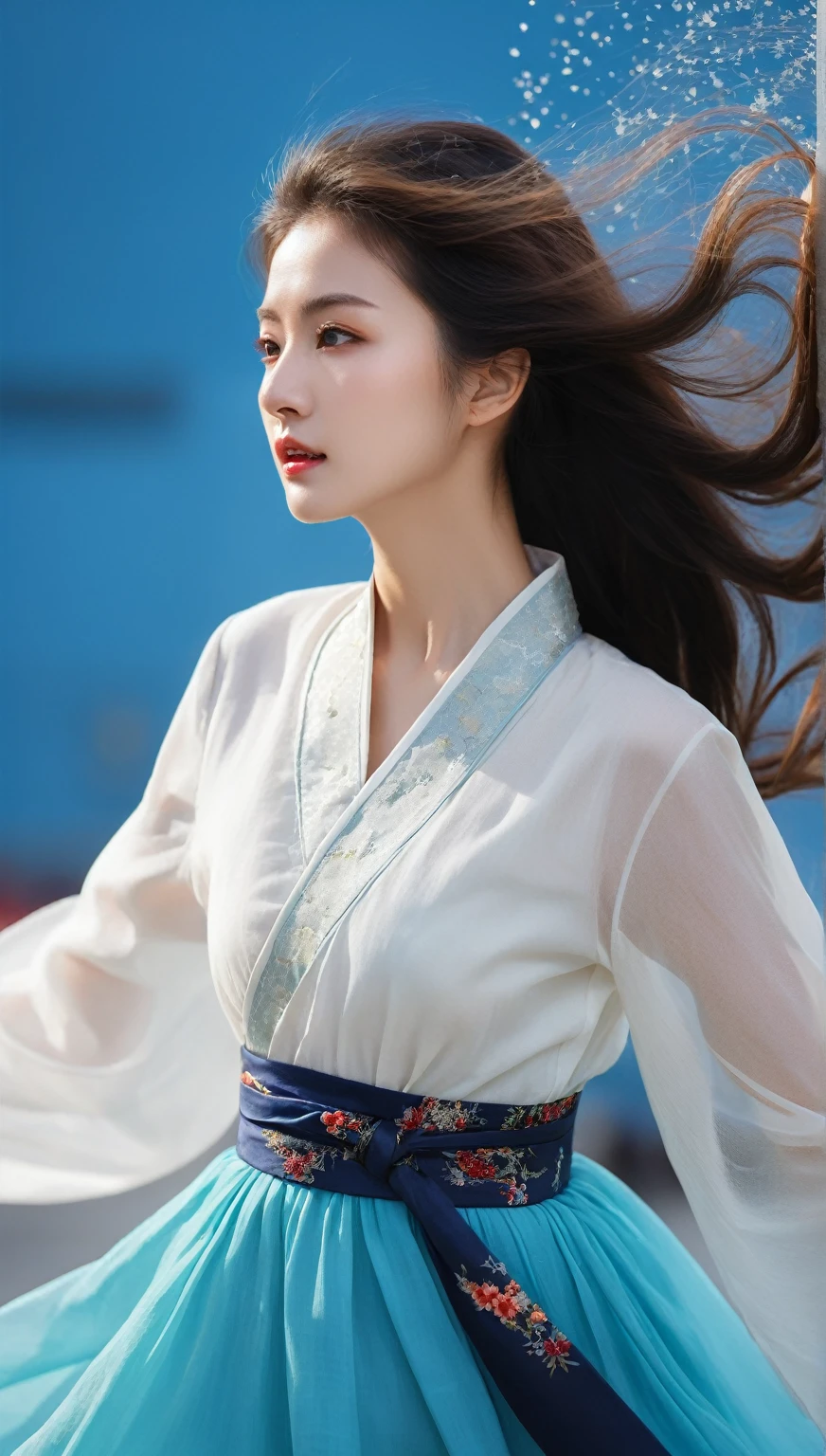 (Motion blur,：1.3），Abnormally stunning beautiful face，black and white close up, white background, a woman in an intricate and colorful hanbok dress, spinning frantically, translucent stinging air particles on the hem of the dress, professional fashion photography, super macro, unusually rich and super detailed texture of long wavy hair, poster style, minimalist , tilt shiStreet style, beautifully detailed, motion blur, black and white close-up, blue background, a woman in an intricate and colorful hanbok, spinning frantically, translucent tingling air particles on the hem of her dress, professional fashion photography, super macro, long wavy hair with unusually rich and super-detailed textures, poster style, minimalist, tilted movement of hands and face, Nikon, Hasselblad, Canon, Fuji, 16Kft of hands and face, Nikon, Hasselblad, Canon, Fuji, 16Kin style of Street photography, beautiful detailed
