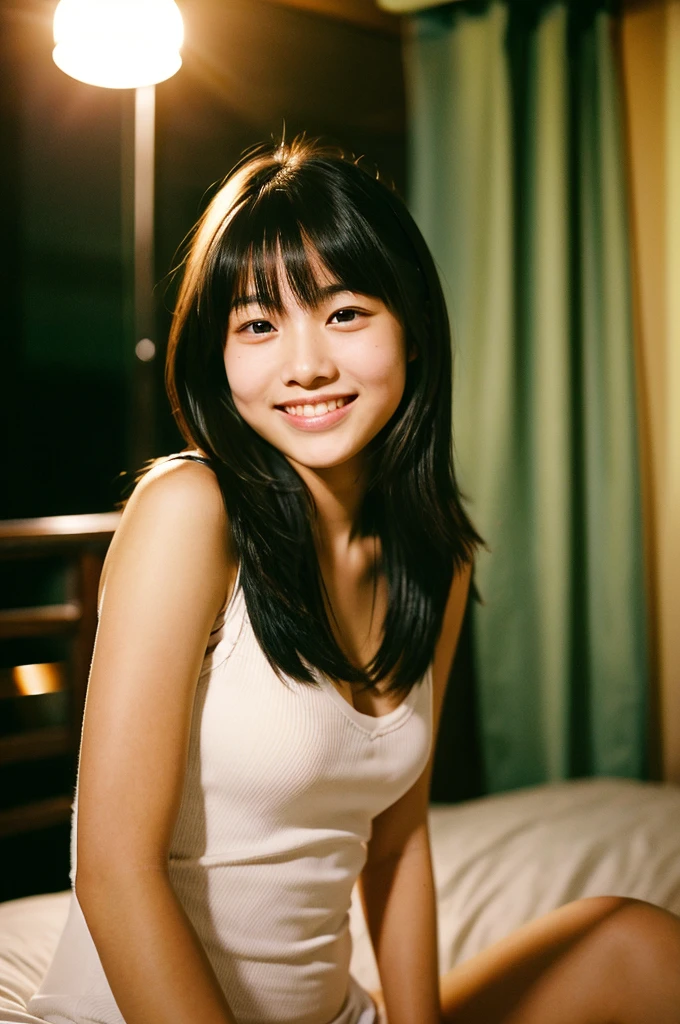 Very cute 16 year old Japanese woman, corners of mouth turned up, gentle smile, muffin top, detailed face, detailed body with nice curves, in the bedroom. Late night, movie photography, Leica 50 mm prime lens, Cine Steel 800T film, art color photography