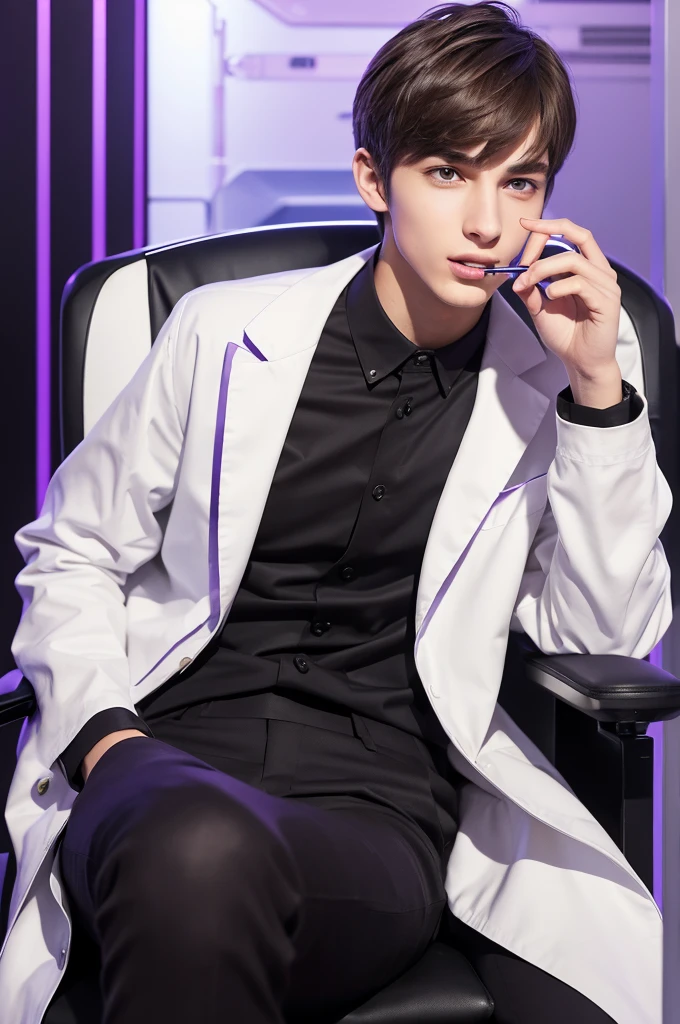 A refreshing young man, a beautiful young man, 20 years old, slender, brown hair, purple eyes, a cyber laboratory, a dark futuristic laboratory, a white lab coat, biting a pen, biting a ballpoint pen with teeth, thinking, body facing right, sitting on the right side, a luxurious black chair, bangs down