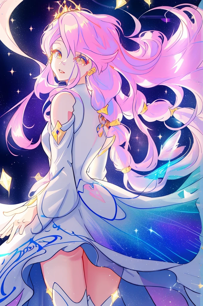 beautiful anime girl in white princess ball gown, vibrant pastel colors, (colorful), magical lights, golden long hair made of liquid light, sparkling Lichtlinien, inspired by Glen Keane, inspired von Lois van Baarle, Disney Art Style, von Lois van Baarle, glowing aura around her, by Glen Keane, jen bartel, Shining lights! digital drawing, flowing, shiny Haar, shiny, flowing hair, beautiful digital illustration, Fantasies-Hintergrund, fantastical, magical, Fantasies, pretty face, ((​masterpiece, best quality)), Intricate detailing, muito detalhado, keen focus, 8k resolution, sparkling, detailled eyes, liquid watercolor