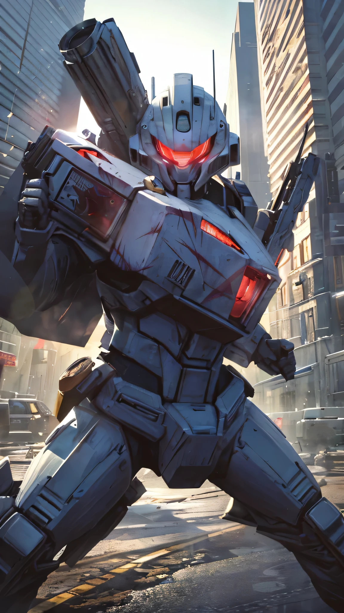 最high quality、Best image quality、masterpiece、Giant Mecha((humanoid、black body、Railgun、Bulletproof vest、Jetpack、Red visor、Run、Chainsaw,Covered in scars)）high quality、Beautiful art、background((city)),Tabletop、Exquisite design、Visual Arts、Written boundary depth、Best lighting、The finest details、8ｋ