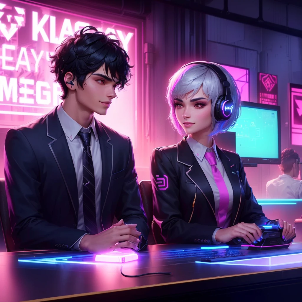 16K digital portrait of a young man with black hair and a strong jawline in a school blazer, facing a girl with a grey pixie cut and flirty smile in an internet cafe. Both wear gaming headphones, neon game controllers highlighted. Intricate, dynamic, wide-angle, HDR, Artstation.