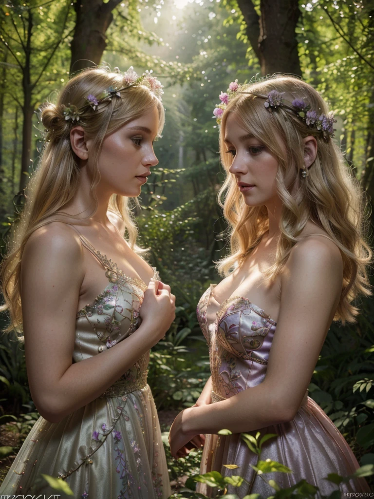 a beautiful blonde woman in a fairy dress, a second blonde woman in a fairy dress, enchanted forest, fairy tale scene, beautiful lighting, detailed faces, intricate fairy dress, delicate lace, shimmering fabric, flower crowns, pink and purple hues, glowing lights, sunbeams, detailed foliage, mossy rocks, floating petals, fairytale atmosphere, (best quality,4k,8k,highres,masterpiece:1.2),ultra-detailed,(realistic,photorealistic,photo-realistic:1.37),cinematic lighting,vibrant colors,ethereal,whimsical,enchanting