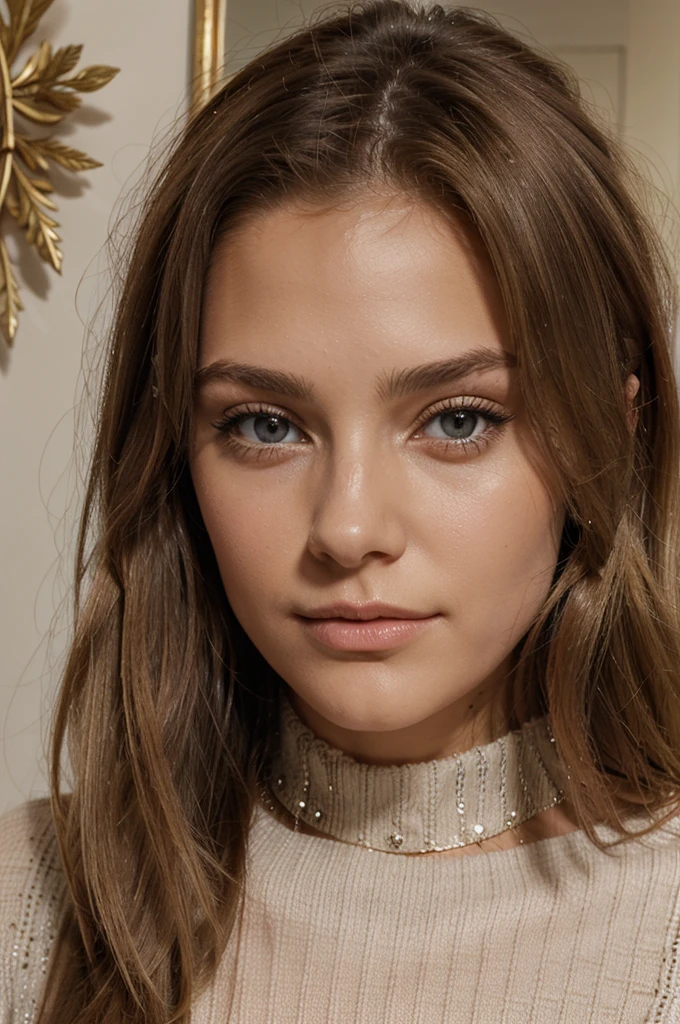 Belle brune aux reflets blonds portant un pull beige, 22 ans, Visage en diamant, cheveux ondulés naturels, yeux bruns clairs, Haute résolution, chef-d'œuvre, meilleure qualité, détails complexes, très détaillé, mise au point nette, peau détaillée, texture de peau réaliste, texture, yeux détaillés, professionnel, 4K, sourire charmant, filmé sur Canon, 85 millimètres, faible profondeur de champ, Couleur Kodak Vision, corps parfaitement ajusté, extrêmement détaillé, photographier_\(ultra\), photoréaliste, Réaliste, Post-traitement, un maximum de détails, rugosité, vrai vie, ultra réaliste, photoréalisme, photographie, 8k euh, photographie