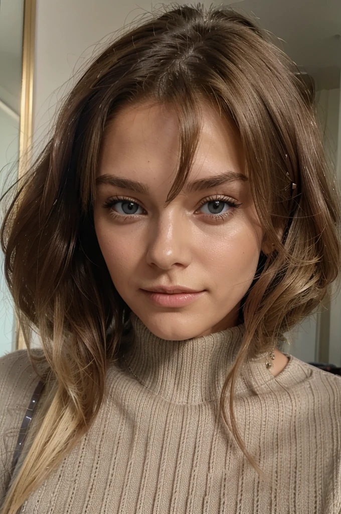 Belle brune aux reflets blonds portant un pull beige, 22 ans, Visage en diamant, cheveux ondulés naturels, yeux bruns clairs, Haute résolution, chef-d'œuvre, meilleure qualité, détails complexes, très détaillé, mise au point nette, peau détaillée, texture de peau réaliste, texture, yeux détaillés, professionnel, 4K, sourire charmant, filmé sur Canon, 85 millimètres, faible profondeur de champ, Couleur Kodak Vision, corps parfaitement ajusté, extrêmement détaillé, photographier_\(ultra\), photoréaliste, Réaliste, Post-traitement, un maximum de détails, rugosité, vrai vie, ultra réaliste, photoréalisme, photographie, 8k euh, photographie
