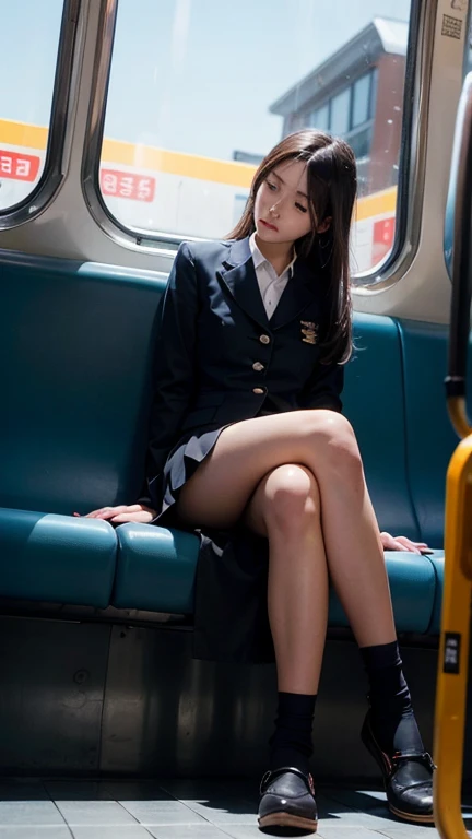 masterpiece, High resolution, Ultra High resolution, 4K, Black Hair, Japanese Girls, Uniform skirt, Accentuate your thighs, White thighs, Soft thighs, Shiny thighs, Sitting on a train, Facing angle, Angle from below, Sitting on a train Seat, Sit in front, Zoom camera to hip joint, Put your feet on the train floor, whole body, Looking down and sleepy, Only watching the audience, Highest quality, Ultra High resolution, Realistic, High resolution, detailed, RAW Photos, sharp, Nikon Film Pictures, Images and Stock Photos, Rich lens color, Ultra-realistic and realistic texture, Dramatic lighting, Unreal Engine,