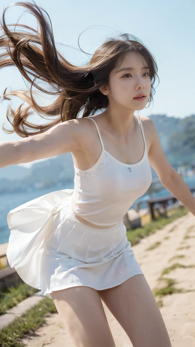 (((Low angle shooting、Looking into the camera:1.22,A strong wind is blowing from the front of the body、Full body angle、White Camisole Dress、Clothes are loose)))、(((In 8K、Highest quality、masterpiece、Ultra-high resolution)))、(Realistic:1.4)、RAW Photos、(Real skin texture:1.3)、(Film Grain:1.3)、((Are standing、Skirt flutters in strong winds、Under the skirt、No underwear、Do not bend your legs、Don&#39;Don&#39;don&#39;t bend your knees、Spread your thighs、Beachside、))、One Girl、Beautiful and detailed eyes and face、masterpiece、Highest quality、close、thin、Japanese Uniform、dynamic、barefoot、Mr..々Pause、