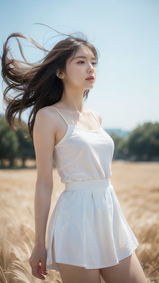 (((Low angle shooting、Looking into the camera:1.22,A strong wind is blowing from the front of the body、Full body angle、White Camisole Dress、Clothes are loose)))、(((In 8K、Highest quality、masterpiece、Ultra-high resolution)))、(Realistic:1.4)、RAW Photos、(Real skin texture:1.3)、(Film Grain:1.3)、((Are standing、Skirt flutters in strong winds、Under the skirt、No underwear、Do not bend your legs、Don&#39;Don&#39;don&#39;t bend your knees、Spread your thighs、Beachside、))、One Girl、Beautiful and detailed eyes and face、masterpiece、Highest quality、close、thin、Japanese Uniform、dynamic、barefoot、Mr..々Pause、