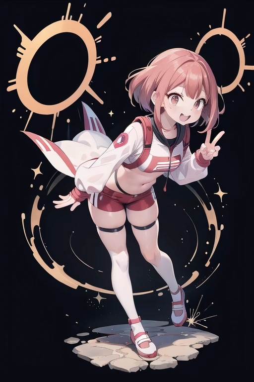 Ochako uraraka, realistic a cartoon image of a woman in a red and white outfit, concept art inspired by Ikuo Hirayama, pixiv, shin hanga, asuka suit under clothes!, full body zenkai! asuka suit, erza scarlet as a real person, ann takamaki from persona 5, anime vtuber full body model ((pecho muy grande))