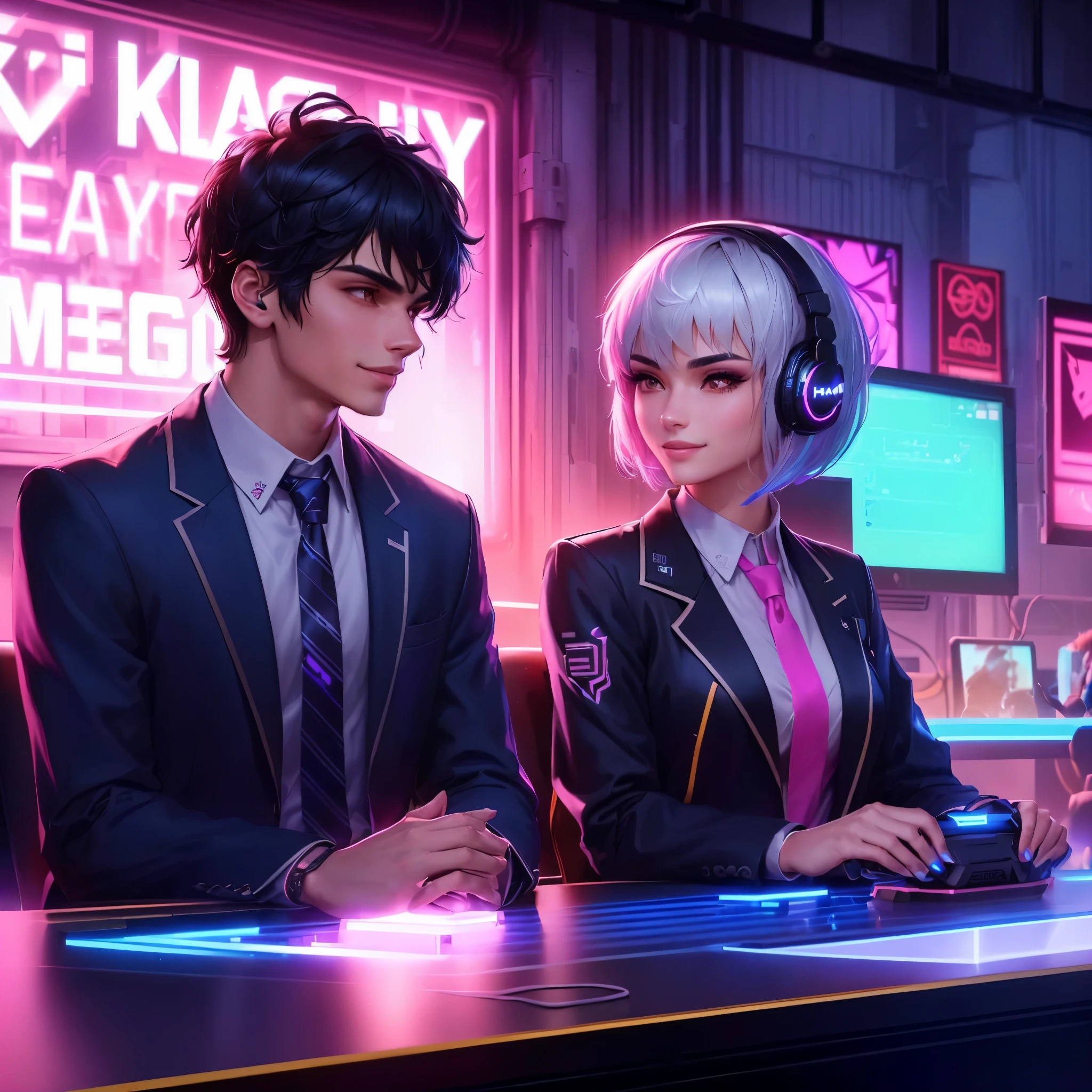 16K digital portrait of a young man with black hair and a strong jawline in a school blazer, facing a girl with a grey pixie cut and flirty smile in an internet cafe. Both wear gaming headphones, neon game controllers highlighted. Intricate, dynamic, wide-angle, HDR, Artstation.