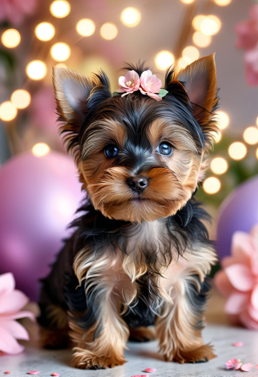 cute yorkshire terrier puppy, happy birthday card, intricate floral patterns, pastel colors, soft focus, delicate texture, beautiful detailed eyes, extremely detailed fur, (best quality,4k,8k,highres,masterpiece:1.2),ultra-detailed,(realistic,photorealistic,photo-realistic:1.37),HDR,UHD,studio lighting,ultra-fine painting,sharp focus,physically-based rendering,extreme detail description,professional,vivid colors,bokeh,cute,adorable,sweet