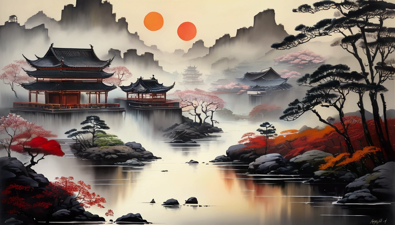 A traditional ink painting comes to life as flower shadows, wetted by the drizzle, blend and transform on the paper. The delicate strokes and watery textures reflect a moment of deep thought captured within the painting, with the wet ink adding a sense of fluidity and movement. A poetic and romantic visual style inspired by traditional Chinese ink painting, with delicate brushstrokes, fluid movements, and serene landscapes. The use of muted colors and soft lighting to evoke a sense of nostalgia and introspection.