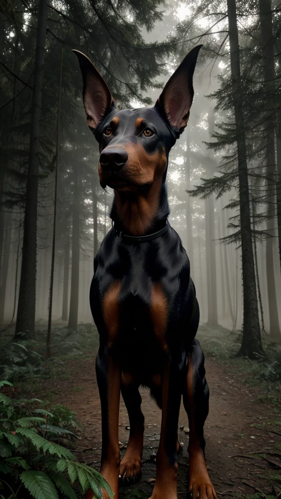 Create an AI-generated image of a Doberman in a dense, misty forest. The dog should look straight at the camera, exuding confidence and alertness. The background should feature tall, shadowy trees and a misty atmosphere, capturing a mysterious and powerful setting.