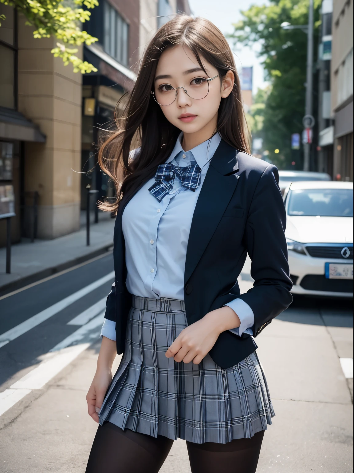 (8K、生photograph、Highest quality、masterpiece:1.2),(Small breasts)、(Small breasts)、(Small breasts)、(Small breasts)、Narrow eyes、Look straight ahead、pupil,De Pere Blanca,(Black Pantyhose),Small face、Chest is petanko,前hairを真ん中から分ける,The forehead is visible,(business,Glare,strong,Are thin,Irritation、strong、Saucy)、masterpiece,Highest quality,Ultra-high resolution,生photograph,even,beautiful、One person,One person,Glasses,,Strong face、丸Glasses、cute、JK、high school girl、Japanese women、Are standing、(PhotoReactive:1.37)、Photon Mapping、Light blue ribbon、Real、cute小さな顔、Brown eyes、Black socks、(Red bow tie)、Radio City、Physically Based Rendering、Prospect、Character boundary depth、Blurred Background、photograph、girl、body、Beautiful feet、Long legs、Thin legs、(前hairが見える)、hair、lips、blue_The目、Soft Nose、(Light blue shirt)、(Navy, blue and white plaid pleated skirt)、High school uniforms、I can see your knees、See-through clothing、Thighs、black cotton socks、Nogizaka Idol、、Japan Ido