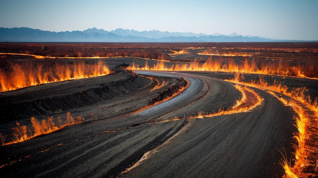 In the midst of a blistering landscape, flames weave a chaotic ballet. The charred terrain blurs the boundary between nightmare and waking. Your gaze fixates on the inferno's mesmerizing display.