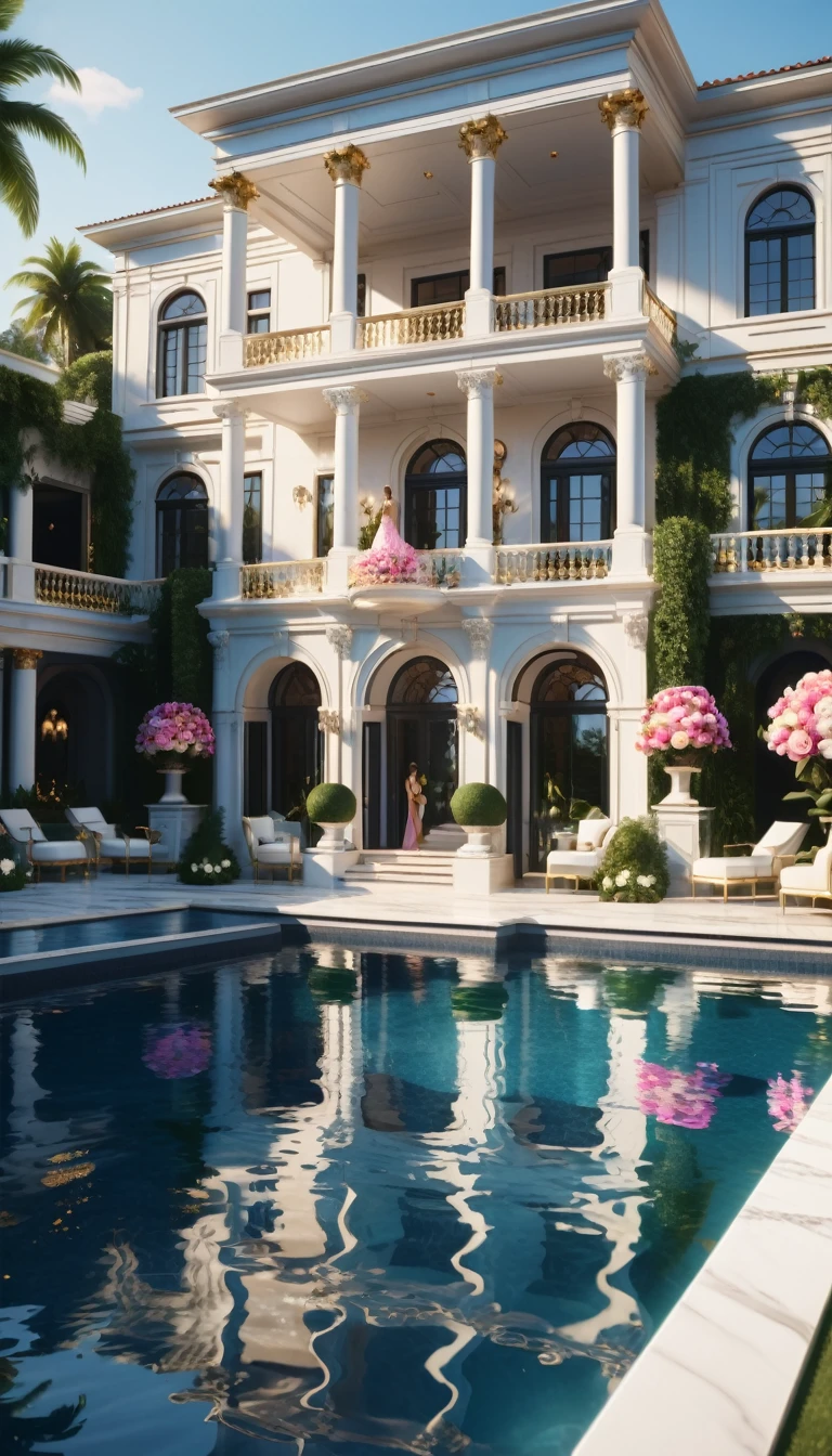 high quality, realistic, photorealistic, detailed, 8k, high resolution, elegant luxury pool party, luxurious mansion exterior, wealthy socialites, famous celebrities, expensive evening gowns, glamorous party guests, people swimming in pool, reflective water, sun shining, lavish decor, chandeliers, marble statues, lush landscaping, exotic flowers, manicured gardens