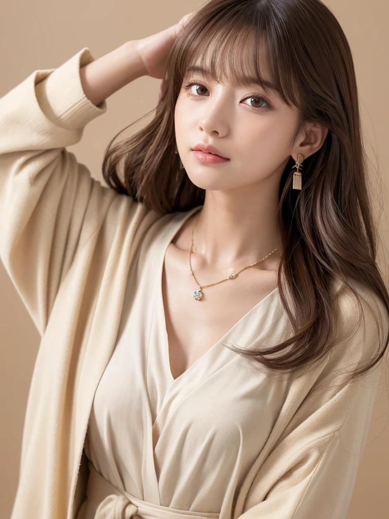  ((Highest quality, 8K, masterpiece:1.3)), concentrate: 1.2, Perfect body beauty: 1.4, Hips: 1.2, ((Long Hair, chest: 1.2)), (Dry clothes: 1.1) , (clear, Simple Background:1.3), Simple clothes: 1.1, Highly detailed face and skin texture,Delicate eyes, double eyelid, Whitened skin, Rough skin、Long Hair、Earrings with bangs、necklace、 solo、Beige coat、White shirt,  (((Beautiful girl with cute Japan)))、  ((Beautiful Japanese girl 20 years old))、 ((Baby Face))、 (((Slender body)))、  Upper Body，Face focus、necklace，Simple Background，From above， Realistic Hair、 A photograph was taken:Canon EOS R6、135mm、1/1250 seconds、f2.8、ISO400、(Detailed explanation of the hand)、(Masseter muscle area)、(Exquisite CG)、Long Hair, loose and curly hair、Korean Hair、Long Hair明るいベージュ色、グラデーションハイライトグレージュのゆるふわLong Hairスタイル、