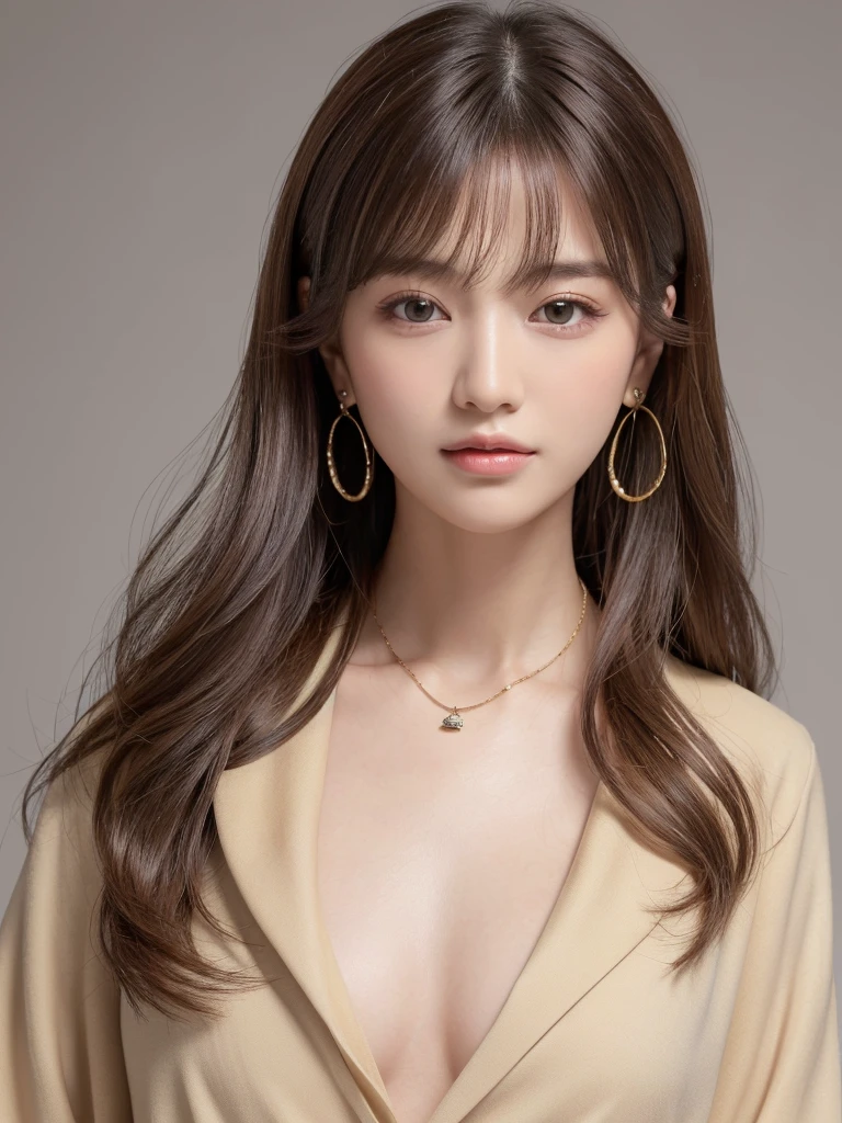  ((Highest quality, 8K, masterpiece:1.3)), concentrate: 1.2, Perfect body beauty: 1.4, Hips: 1.2, ((Long Hair, chest: 1.2)), (Dry clothes: 1.1) , (clear, Simple Background:1.3), Simple clothes: 1.1, Highly detailed face and skin texture,Delicate eyes, double eyelid, Whitened skin, Rough skin、Long Hair、Earrings with bangs、necklace、 solo、Beige coat、White shirt,  (((Beautiful girl with cute Japan)))、  ((Beautiful Japanese girl 20 years old))、 ((*********))、 (((Slender body)))、  Upper Body，Face focus、necklace，Simple Background，From above， Realistic Hair、 A photograph was taken:Canon EOS R6、135mm、1/1250 seconds、f2.8、ISO400、(Detailed explanation of the hand)、(Masseter muscle area)、(Exquisite CG)、Long Hair, loose and curly hair、Korean Hair、Long Hair明るいベージュ色、グラデーションハイライトグレージュのゆるふわLong Hairスタイル、