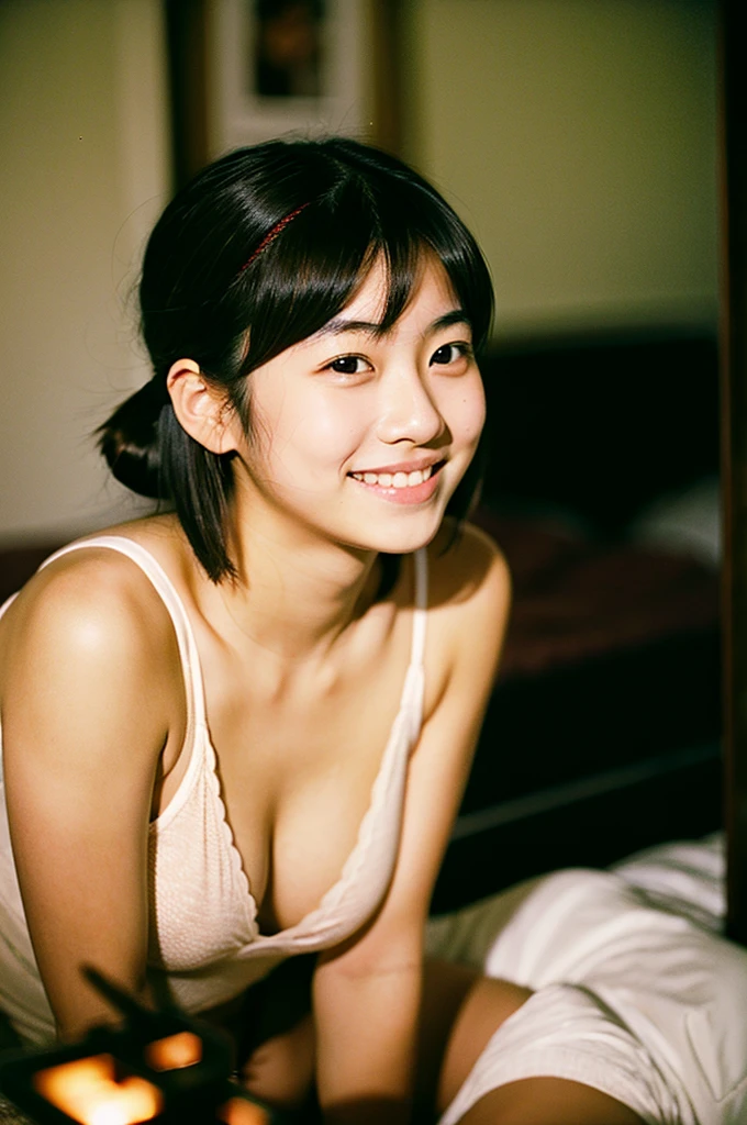 Very cute 16 year old Japanese woman, corners of mouth turned up, gentle smile, muffin top, detailed face, detailed body with nice curves, in the bedroom. Late night, movie photography, Leica 50 mm prime lens, Cine Steel 800T film, art color photography