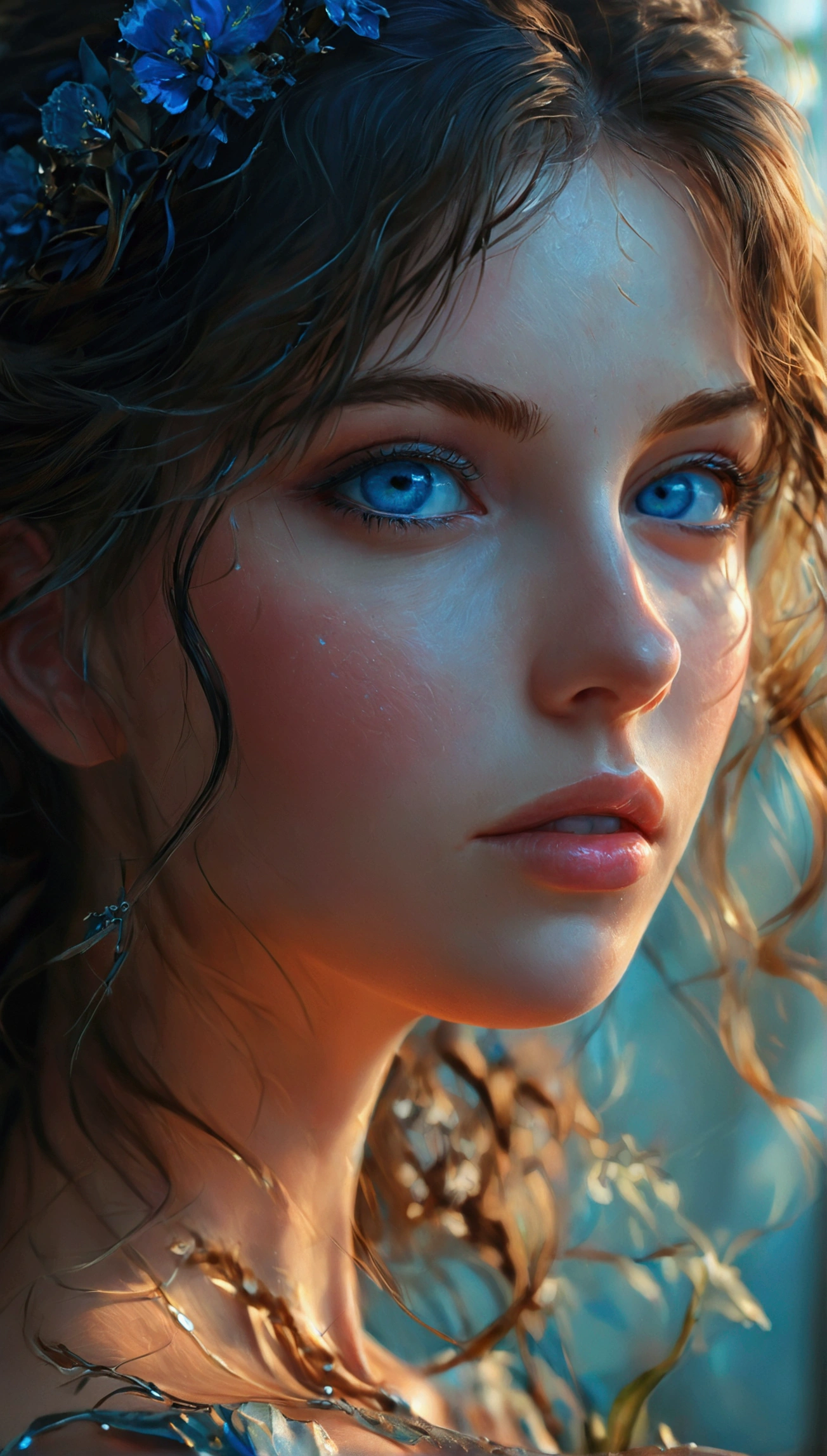 beautiful brunette girl with blue eyes, extremely detailed face, large breasts, large butt, high quality, 8k, realistic, photorealistic, masterpiece, intricate details, cinematic lighting, dramatic colors, digital painting, concept art