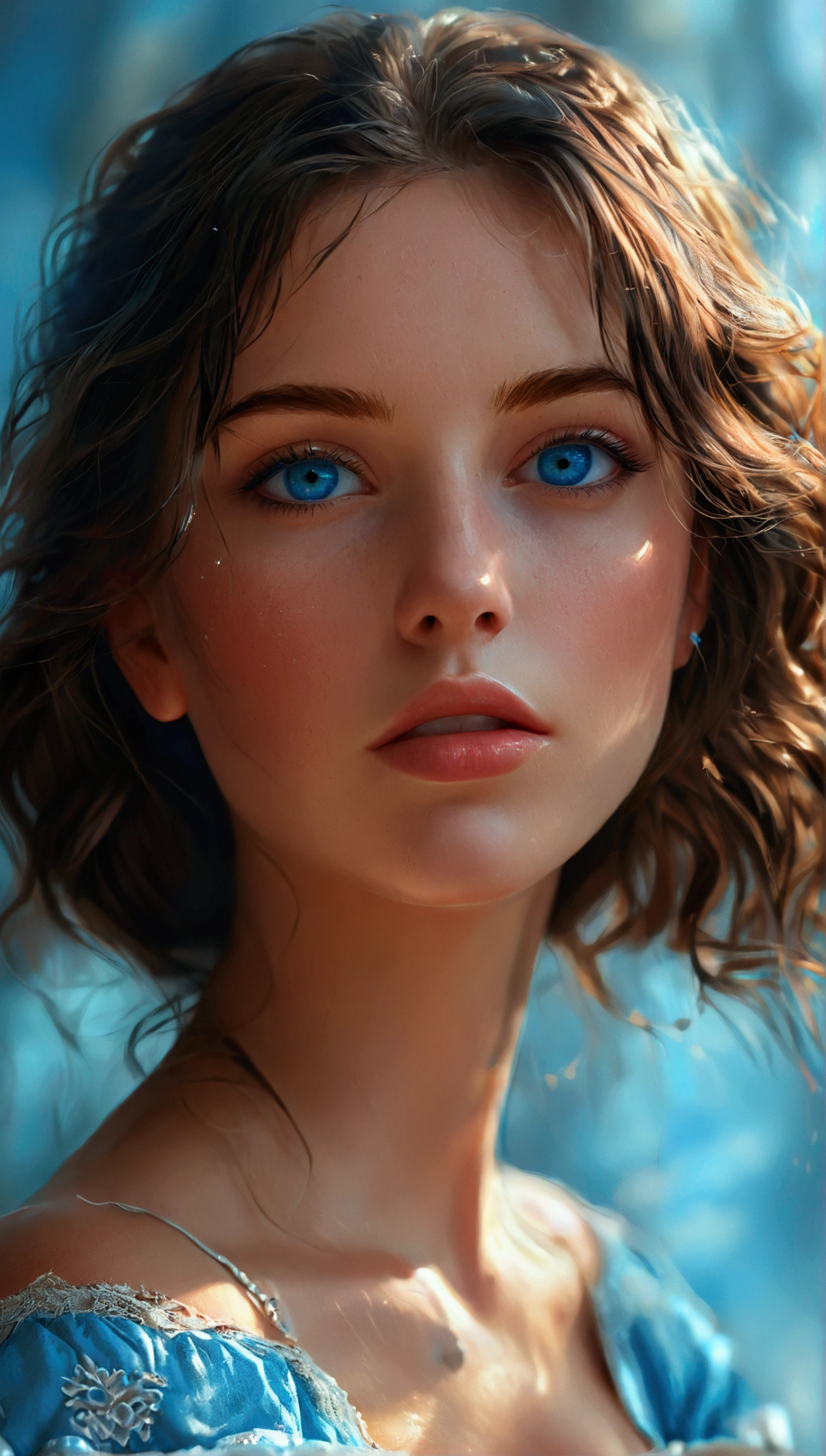 beautiful brunette girl with blue eyes, extremely detailed face, large breasts, large butt, high quality, 8k, realistic, photorealistic, masterpiece, intricate details, cinematic lighting, dramatic colors, digital painting, concept art