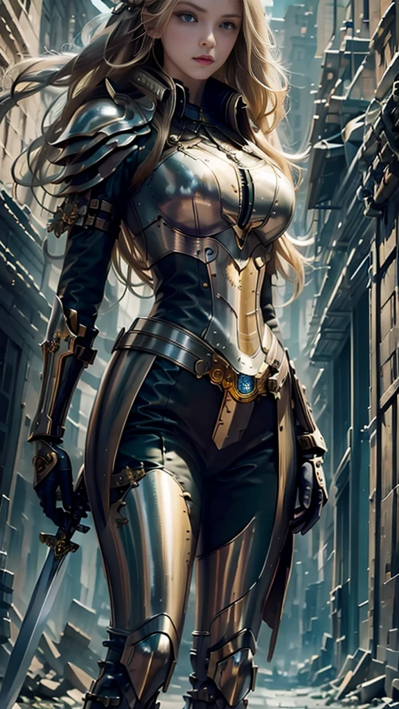 ((best quality)), ((masterpiece)), (detailed), 1 girl, Girl,Long blond hair,Green Eyes,Wearing grey steampunk armor,Holding a long sword,Background is the ruins of the city。
