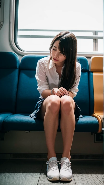 masterpiece, High resolution, Ultra High resolution, 4K, Black Hair, Japanese Girls, Uniform skirt, Accentuate your thighs, White thighs, Soft thighs, Shiny thighs, Sitting on a train, Facing angle, Angle from below, Sitting on a train Seat, Sit in front, Zoom camera to hip joint, Put your feet on the train floor, whole body, Looking down and sleepy, Only watching the audience, Highest quality, Ultra High resolution, Realistic, High resolution, detailed, RAW Photos, sharp, Nikon Film Pictures, Images and Stock Photos, Rich lens color, Ultra-realistic and realistic texture, Dramatic lighting, Unreal Engine,
