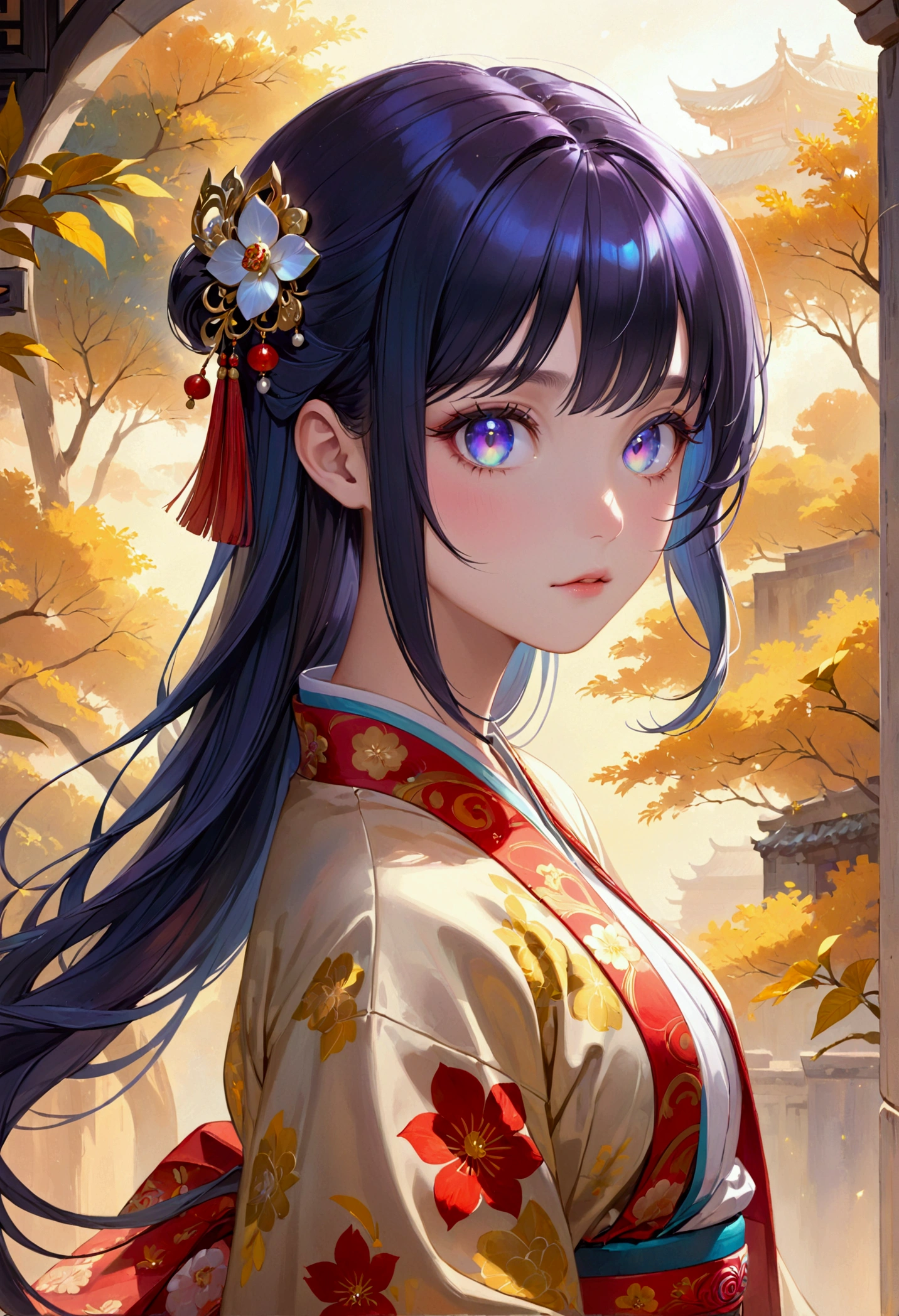 (masterpiece), best quality, expressive eyes, perfect face, Girl,long dark iridescent hair, iridescent eyes, small waist, medium chest, large thighs,hanfu,
