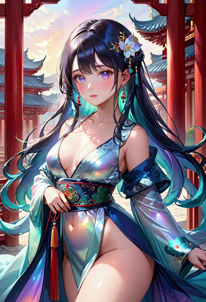 (masterpiece), best quality, expressive eyes, perfect face, Girl,long dark iridescent hair, iridescent eyes, small waist, medium chest, large thighs,hanfu, 