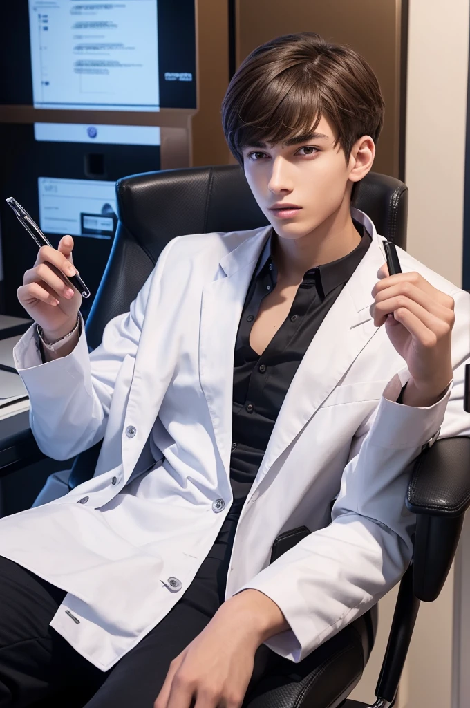 A refreshing young man, a beautiful young man, 20 years old, slender, brown hair, purple eyes, a cyber laboratory, a dark futuristic laboratory, a white lab coat, biting a pen, biting a ballpoint pen with teeth, thinking, body facing right, sitting on the right side, a luxurious black chair, bangs down