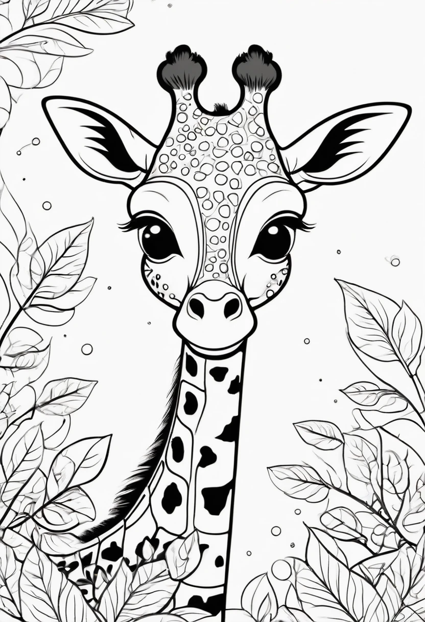 A delightful black and white line art coloring page designed for young children. It features a cheerful giraffe with a long neck and large eyes, nibbling on the leaves of a tall tree. The giraffe is adorned with spots on its body and has a smile that radiates happiness. The illustration is minimalistic, with thick, bold black lines and low detail, allowing kids to bring the image to life with their own colors and creativity. The lack of background and shading makes it an ideal choice for beginners to explore their coloring skills. illustration