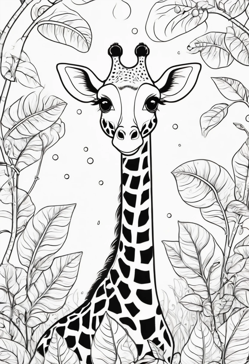 A delightful black and white line art coloring page designed for young children. It features a cheerful giraffe with a long neck and large eyes, nibbling on the leaves of a tall tree. The giraffe is adorned with spots on its body and has a smile that radiates happiness. The illustration is minimalistic, with thick, bold black lines and low detail, allowing kids to bring the image to life with their own colors and creativity. The lack of background and shading makes it an ideal choice for beginners to explore their coloring skills. illustration