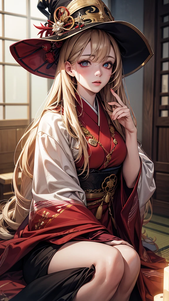 Highest quality, Ultra-high resolution, (Realistic: 1.4), beautiful Eyes, Super beautiful, beautiful, witch, Japanese style,White, red and gold tones、 beautiful Soldier, Eyes that beckon, Mistress's point of view, Droopy eyes、Attractive look, Sexy smile, Perfect Style, Perfect balance, Detailed skin, Mischievous Gaze, ((Black Hair、ponytail)),