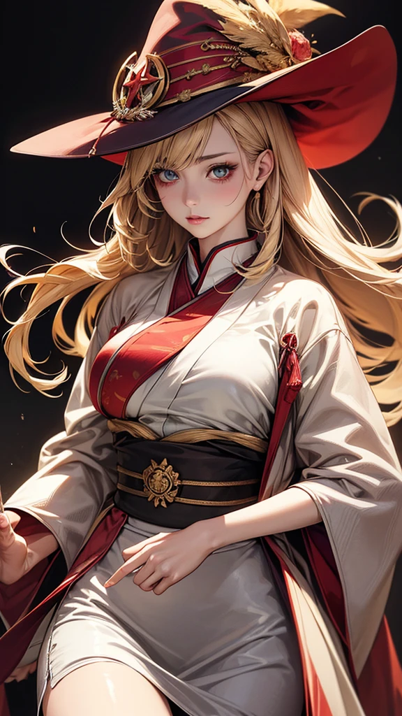 Highest quality, Ultra-high resolution, (Realistic: 1.4), beautiful Eyes, Super beautiful, beautiful, witch, Japanese style,White, red and gold tones、 beautiful Soldier, Eyes that beckon, Mistress's point of view, Droopy eyes、Attractive look, Sexy smile, Perfect Style, Perfect balance, Detailed skin, Mischievous Gaze, ((Black Hair、ponytail)),