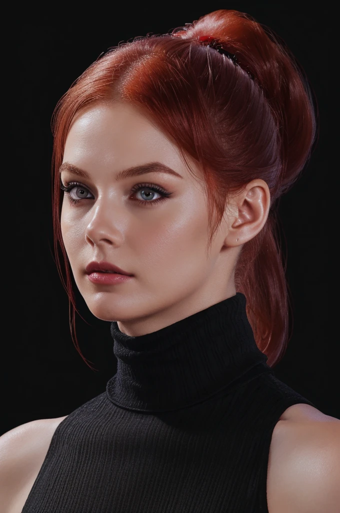 woman with medium-ponytail ,Auburn-red-hair,ponytail, pale, wearing black turtleneck. eyeliner,portrait, beautiful woman, beautiful female ,beautiful ,eyeliner , elegant, digital painting, smooth, dramatic lighting, ultra realistic, 8k, art , blur backgrond, black background ,black background,black wallpaper,wearing black turtleneck.
