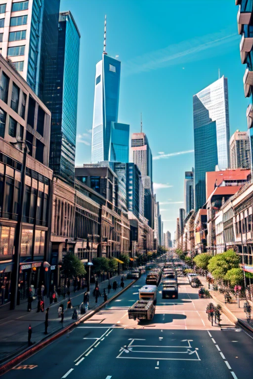 Futuristic cityscape with robots and humans.