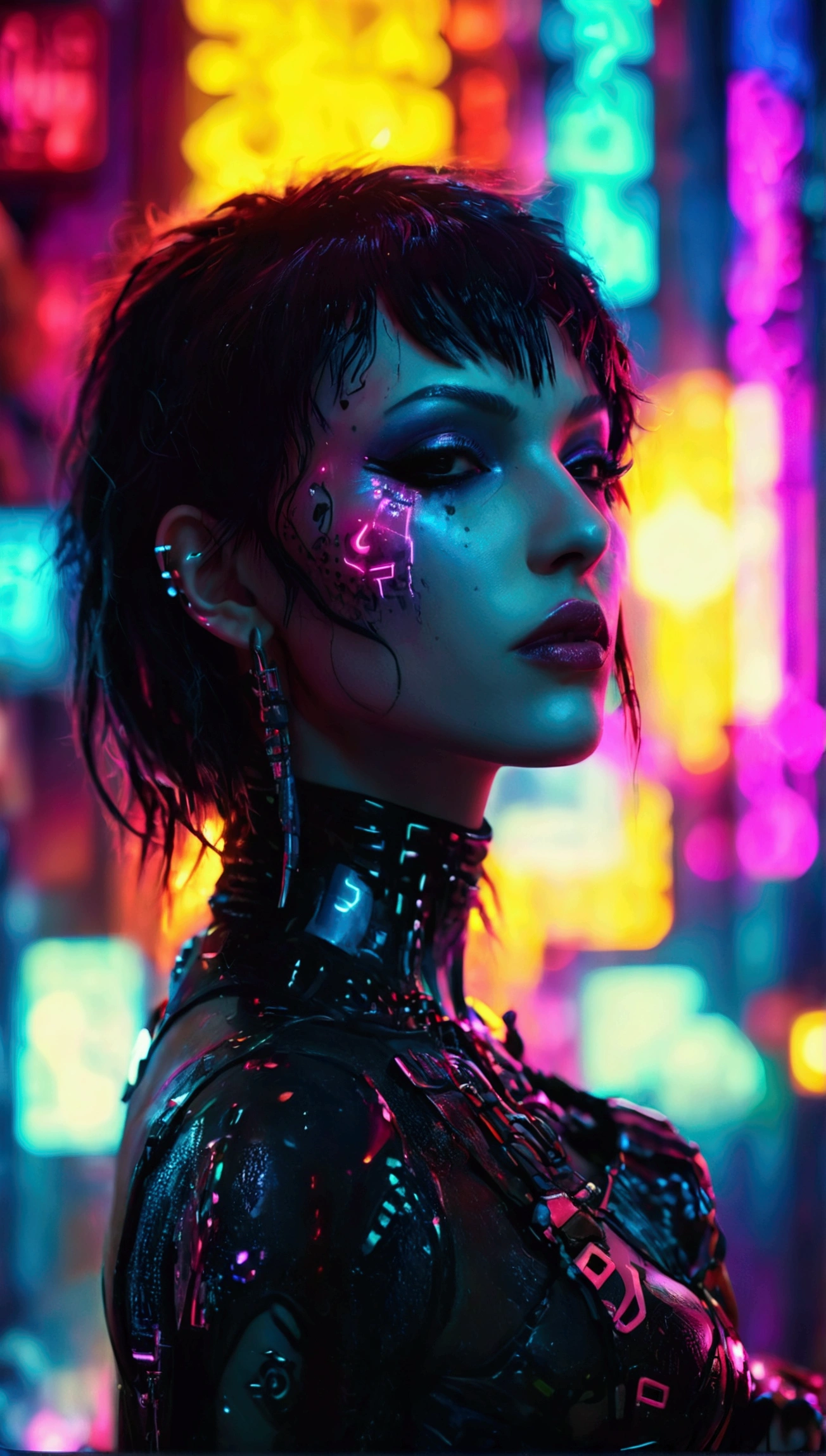(Artistic photo of a cyberpunk prostitute),full-body shot, Center, (Extremely detailed:1.2), (Intricate neon slums in the background:1.1), Ultra Detailed, (Soft lighting:1.2), high resolution, Film particles.