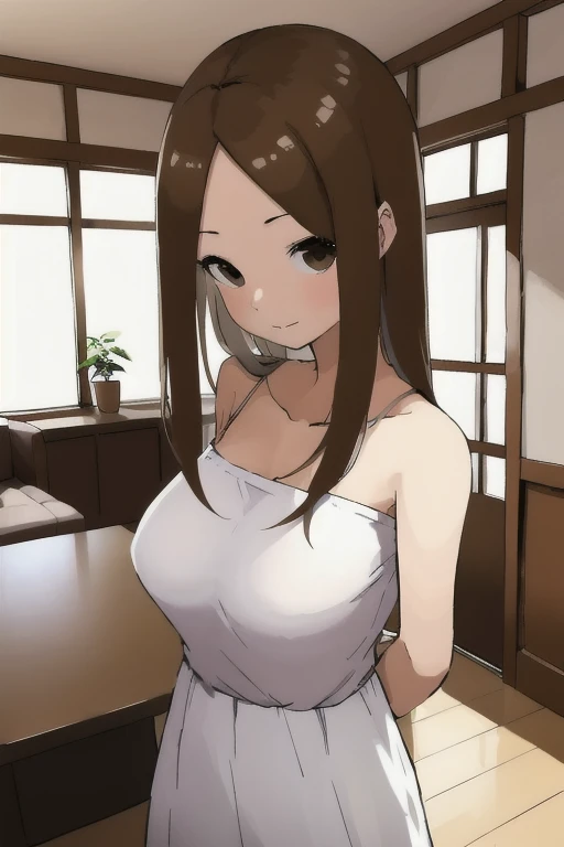 woman, In the living room,White maxi dress、Long skirt、 Edo Soichiro Yamamoto Art Style 、Huge breasts:1.5、from the front、Are standing、Brown Hair、Parting the bangs、The forehead is visible、Long Hair