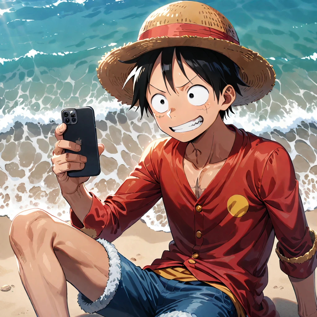 monkey d. luffy, 1boy, male focus, scar, phone, black hair, cellphone, straw hat, smartphone, solo, black eyes, hat, ((medium quality)), ((medium quality))
