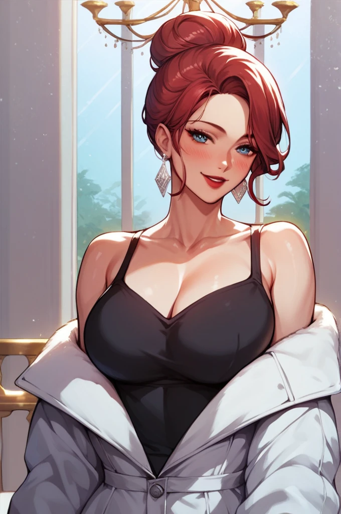 Hot sexy beautiful one women,  long silver chandelier earrings,big breasts, ,red hair ,  hair bun,blush,blue eyes, smiling,red lipstick, white coat, black shirt, long sleeves