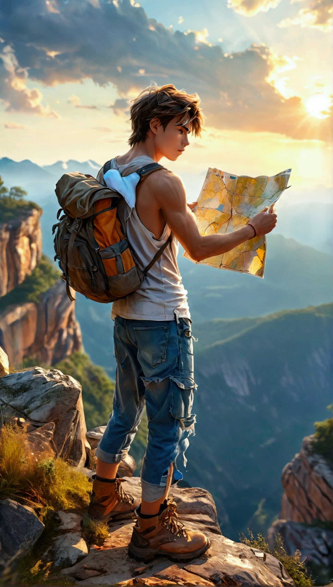 manga art style, best quality, masterpiece, 8K, HD, a handsome 18 year-old man, wearing torn white tank top and ripped denim booty shorts, camping backpack, holds paper map in his hands, hiking boots, standing on edge of very high cliff, looks confused, god rays, side view, vibrant colors, full body, highly detailed