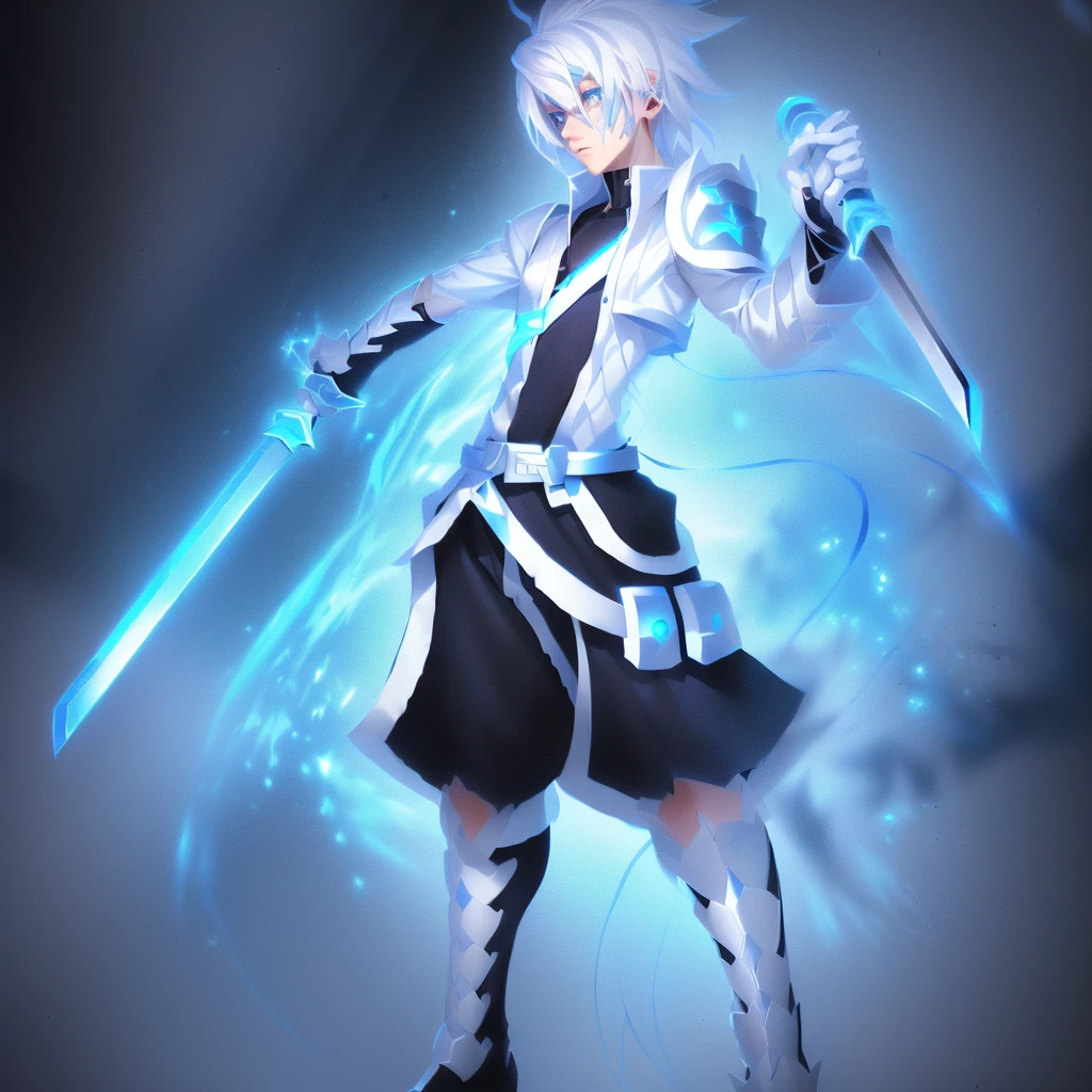 sketches of a drawing of a androgynous young boy with 2 swords, Kilua from hunter x hunter, an anime drawing, detailed fanart, hero 2d fanart artsation, ( ( character concept art ) ), anime drawing, game art!!, with out shading, anime shading), dramatic wielding sword pose, anime shading, white hair, glowing blue eyes, pale skin, black and blue clothing, metallic accents