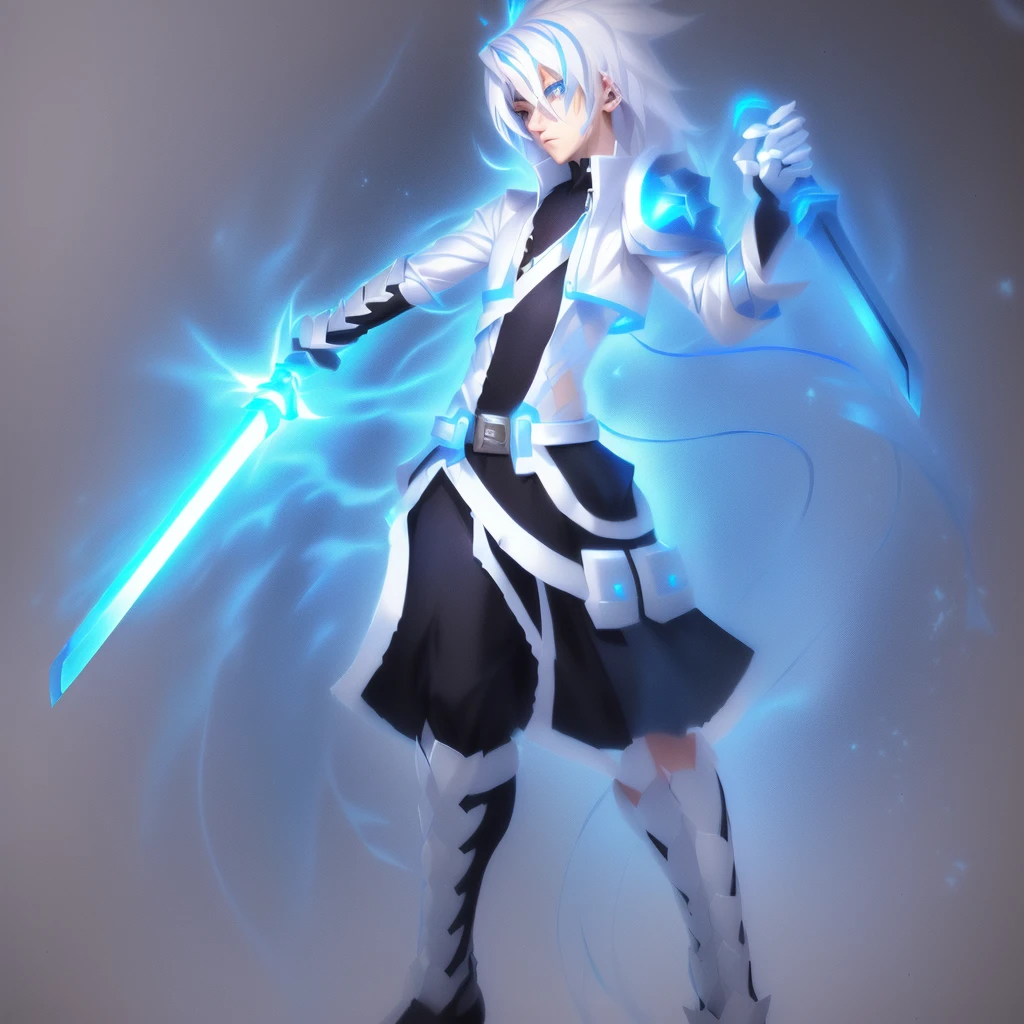 sketches of a drawing of a androgynous young boy with 2 swords, Kilua from hunter x hunter, an anime drawing, detailed fanart, hero 2d fanart artsation, ( ( character concept art ) ), anime drawing, game art!!, with out shading, anime shading), dramatic wielding sword pose, anime shading, white hair, glowing blue eyes, pale skin, black and blue clothing, metallic accents