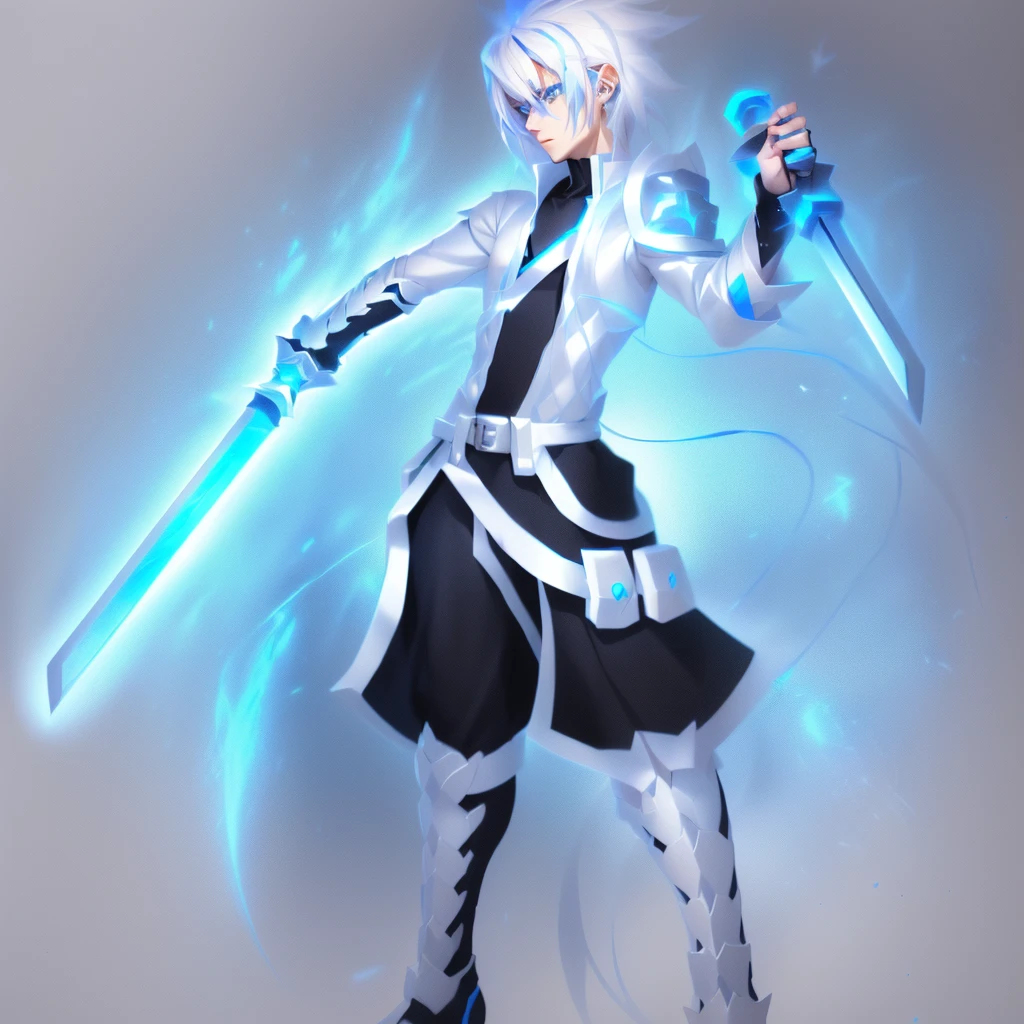 sketches of a drawing of a androgynous young boy with 2 swords, Kilua from hunter x hunter, an anime drawing, detailed fanart, hero 2d fanart artsation, ( ( character concept art ) ), anime drawing, game art!!, with out shading, anime shading), dramatic wielding sword pose, anime shading, white hair, glowing blue eyes, pale skin, black and blue clothing, metallic accents