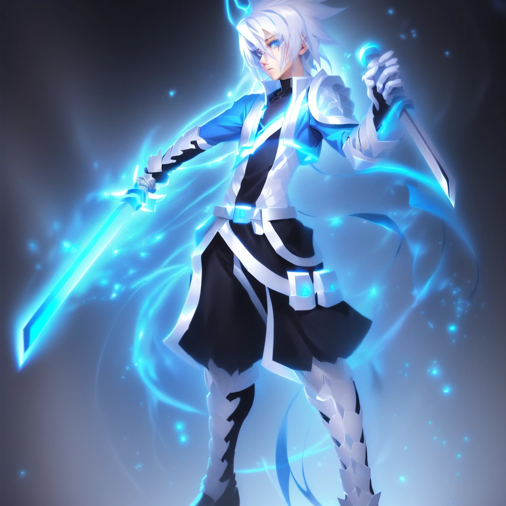 sketches of a drawing of a androgynous young boy with 2 swords, Kilua from hunter x hunter, an anime drawing, detailed fanart, hero 2d fanart artsation, ( ( character concept art ) ), anime drawing, game art!!, with out shading, anime shading), dramatic wielding sword pose, anime shading, white hair, glowing blue eyes, pale skin, black and blue clothing, metallic accents