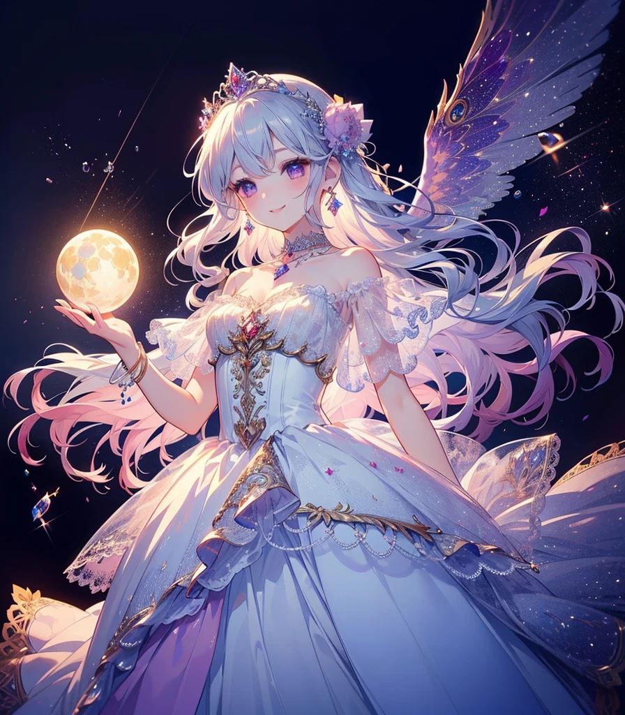 (Highest quality, masterpiece, Very detailedな, Very detailed, Exquisite, 16K,Full HD),A little closer,Golden Ratio,Dramatic lighting,pastel colour,Soft lighting, ((alone:1.5)),full moon,Starry Sky,meteor群,meteor,((head shot,Photo from the shoulders up)),(princess, Purple eyes, Long eyelashes,White skin,slim,pale pink plump lips,Pale pink cheeks, The wind is blowing,White fluffy hair,thin and long,(thin and high nose,Small Nose,Silver decoration,Diamond Tiara,Diamond Earrings,Diamond Earrings,Diamond Choker,(silver ball gown dress:1.1), Silver lace and frills,(smile:1.2), (Fantasy, Romantic atmosphere), Magic Light,ice magic,